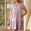 ModCloth Soft Serenade Purple Checkered Puff Sleeve Babydoll Mini Dress -ModCloth 207427 PURPLE PLAID 1