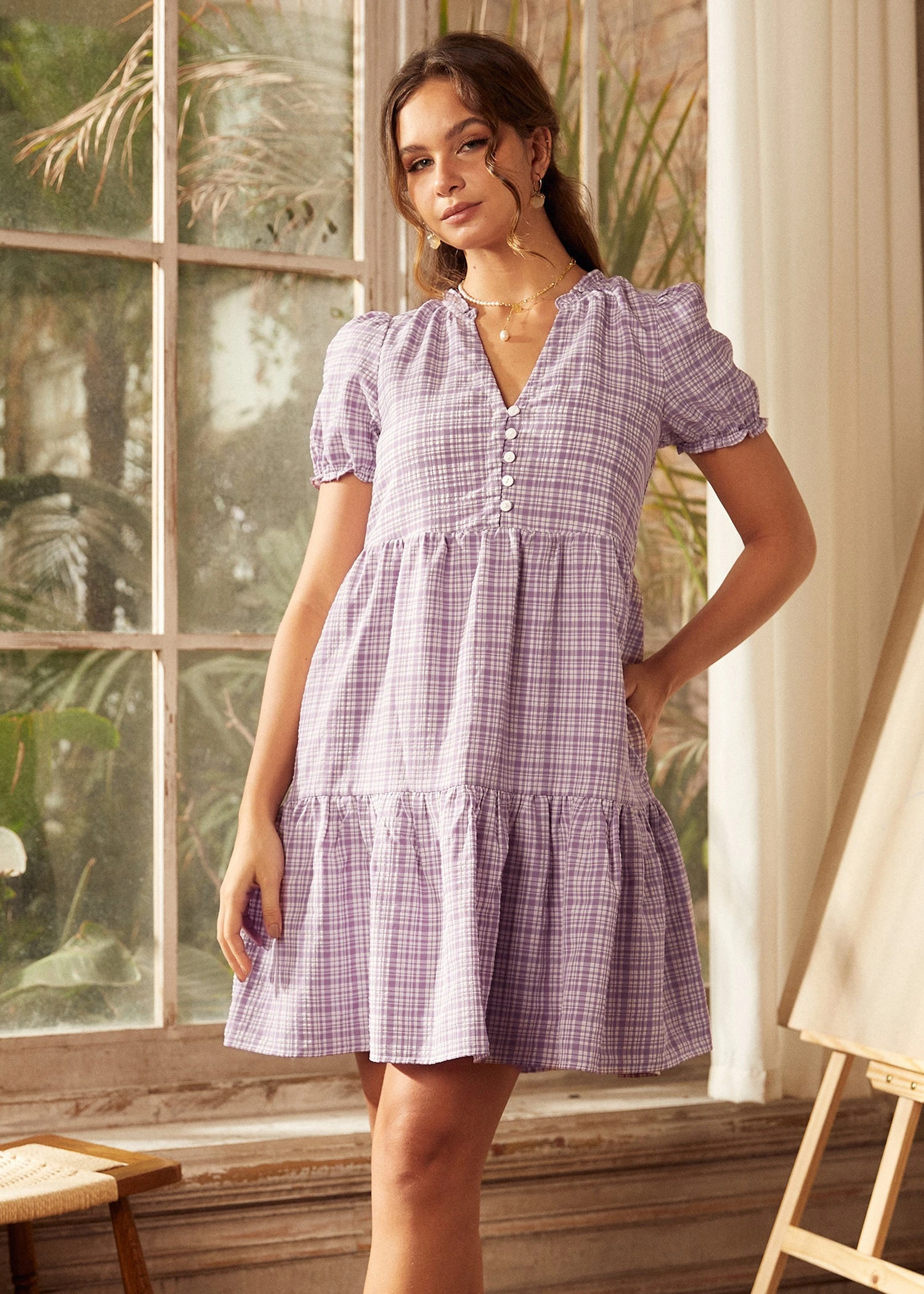 ModCloth Soft Serenade Purple Checkered Puff Sleeve Babydoll Mini Dress 3 ModCloth Soft Serenade Purple Checkered Puff Sleeve Babydoll Mini Dress