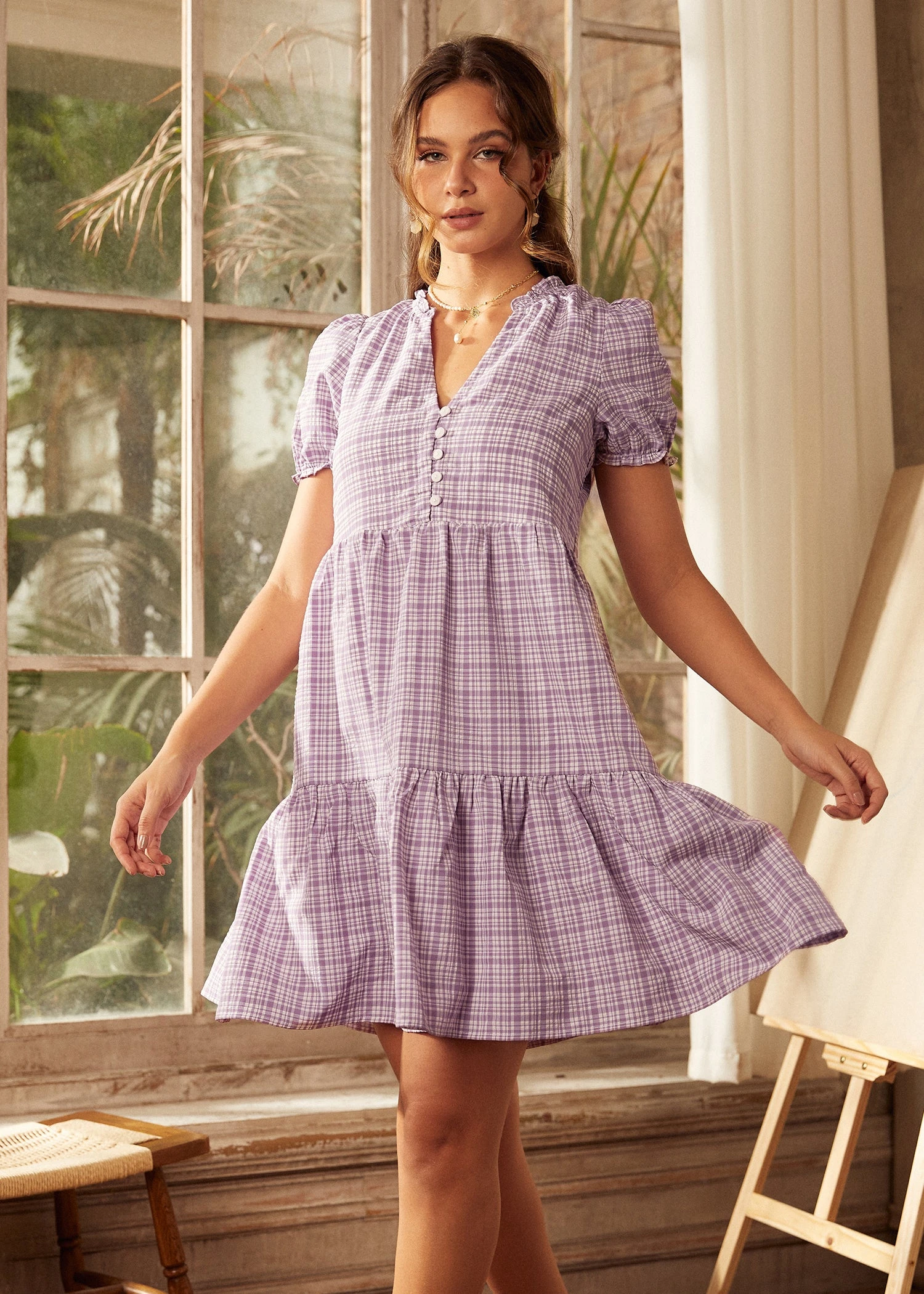 ModCloth Soft Serenade Purple Checkered Puff Sleeve Babydoll Mini Dress 4 ModCloth Soft Serenade Purple Checkered Puff Sleeve Babydoll Mini Dress - Image 2