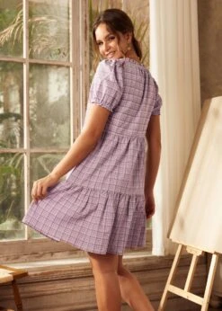 ModCloth Soft Serenade Purple Checkered Puff Sleeve Babydoll Mini Dress 11 ModCloth Soft Serenade Purple Checkered Puff Sleeve Babydoll Mini Dress -ModCloth 207427 PURPLE PLAID 3