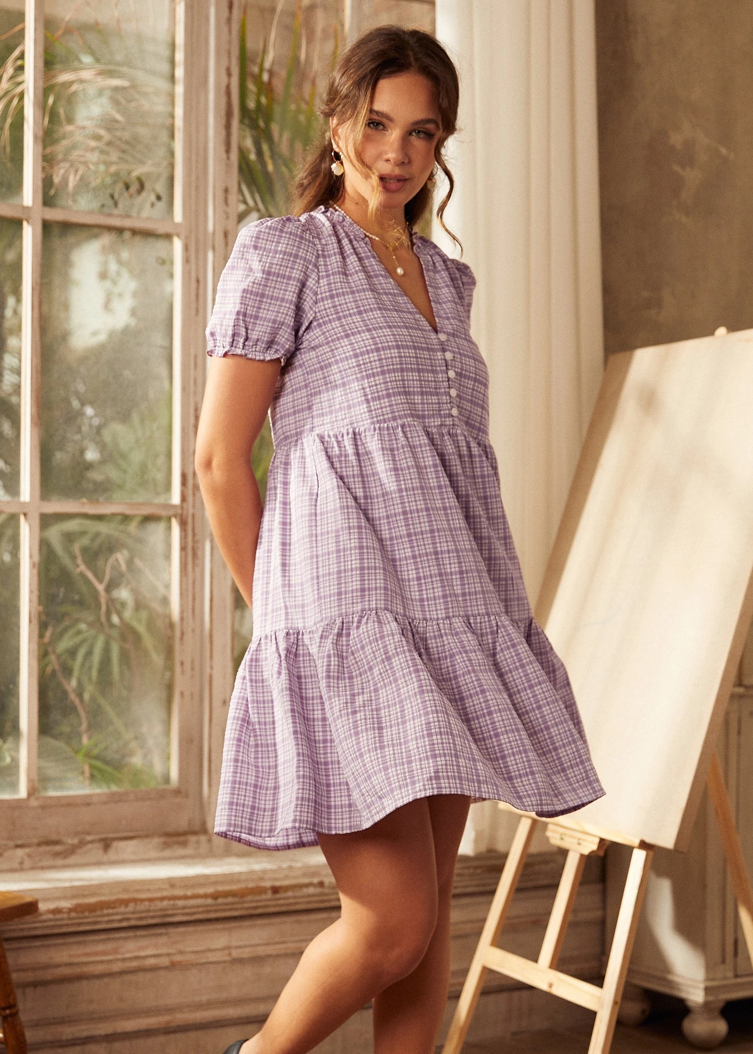 ModCloth Soft Serenade Purple Checkered Puff Sleeve Babydoll Mini Dress 6 ModCloth Soft Serenade Purple Checkered Puff Sleeve Babydoll Mini Dress - Image 4