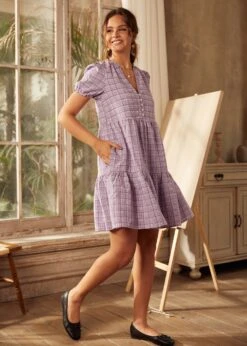 ModCloth Soft Serenade Purple Checkered Puff Sleeve Babydoll Mini Dress 13 ModCloth Soft Serenade Purple Checkered Puff Sleeve Babydoll Mini Dress -ModCloth 207427 PURPLE PLAID 5