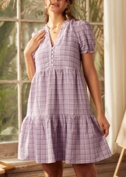 ModCloth Soft Serenade Purple Checkered Puff Sleeve Babydoll Mini Dress 14 ModCloth Soft Serenade Purple Checkered Puff Sleeve Babydoll Mini Dress -ModCloth 207427 PURPLE PLAID 6