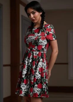 ModCloth Ensemble Observation Rose Skull Print – Black Autumnal Knit Mini Dress -ModCloth 207531 ROSESKULLS 6