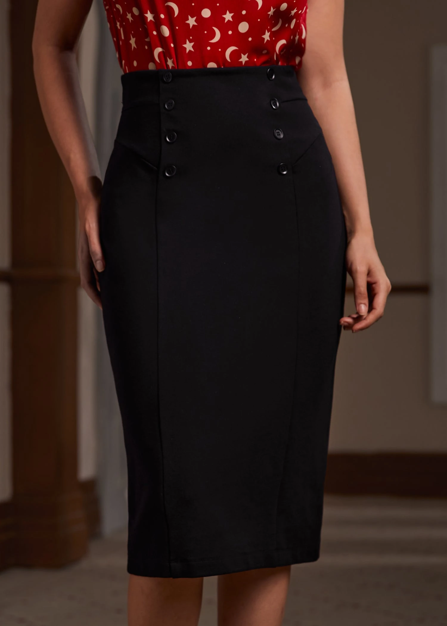 Speakeasy Soirée Navy Floral High-Waisted Pencil Skirt – Plus Size Button Accent Ponte Knit 5 Speakeasy Soirée Navy Floral High-Waisted Pencil Skirt – Plus Size Button Accent Ponte Knit - Image 3