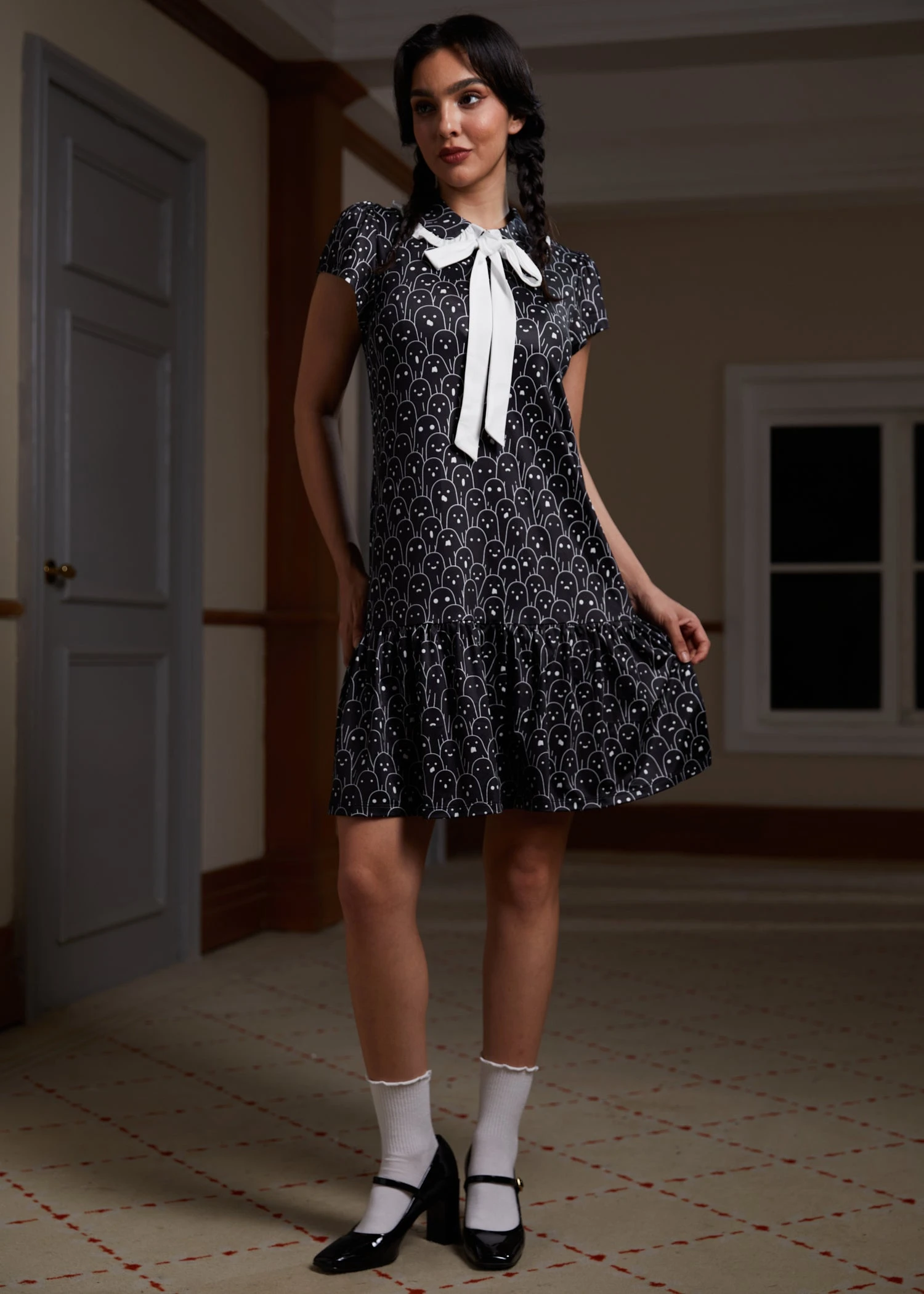 ModCloth Mornings In The Mist Ghost Print - Whimsical Ruffle Bow Mini Dress 6 ModCloth Mornings In The Mist Ghost Print - Whimsical Ruffle Bow Mini Dress - Image 4