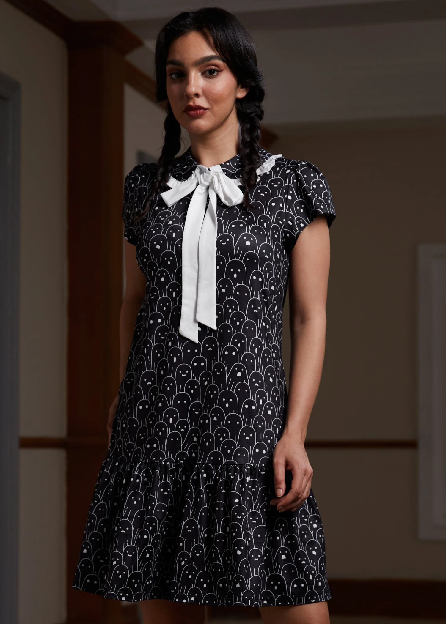 ModCloth Mornings In The Mist Ghost Print - Whimsical Ruffle Bow Mini Dress 7 ModCloth Mornings In The Mist Ghost Print - Whimsical Ruffle Bow Mini Dress - Image 5