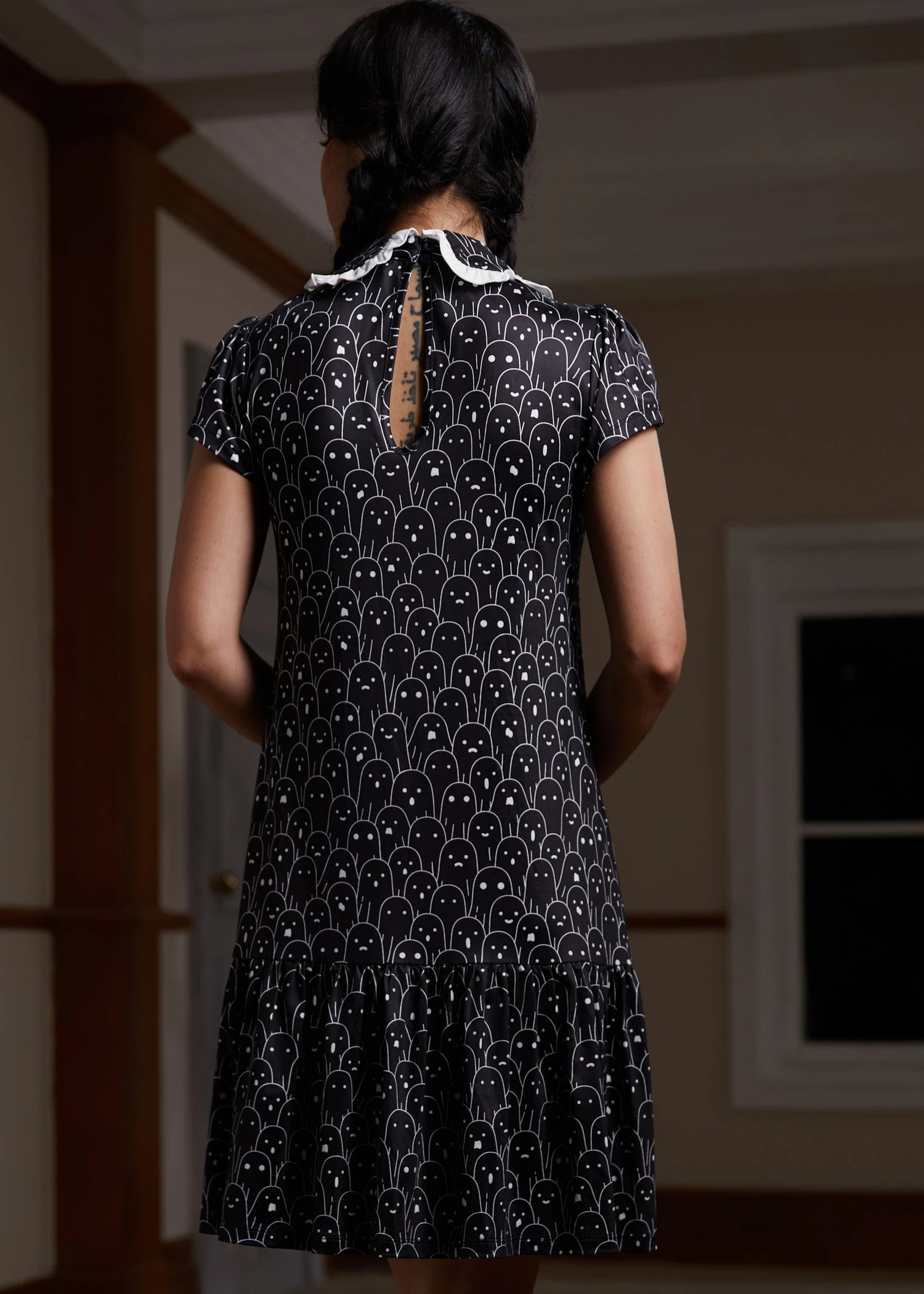 ModCloth Mornings In The Mist Ghost Print - Whimsical Ruffle Bow Mini Dress 8 ModCloth Mornings In The Mist Ghost Print - Whimsical Ruffle Bow Mini Dress - Image 6