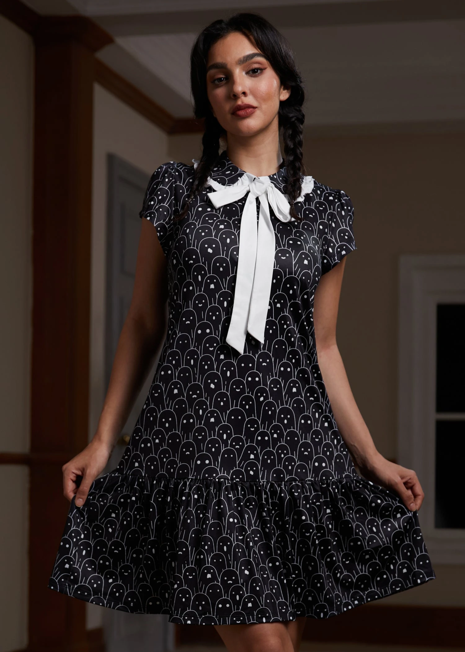 ModCloth Mornings In The Mist Ghost Print - Whimsical Ruffle Bow Mini Dress 5 ModCloth Mornings In The Mist Ghost Print - Whimsical Ruffle Bow Mini Dress - Image 3