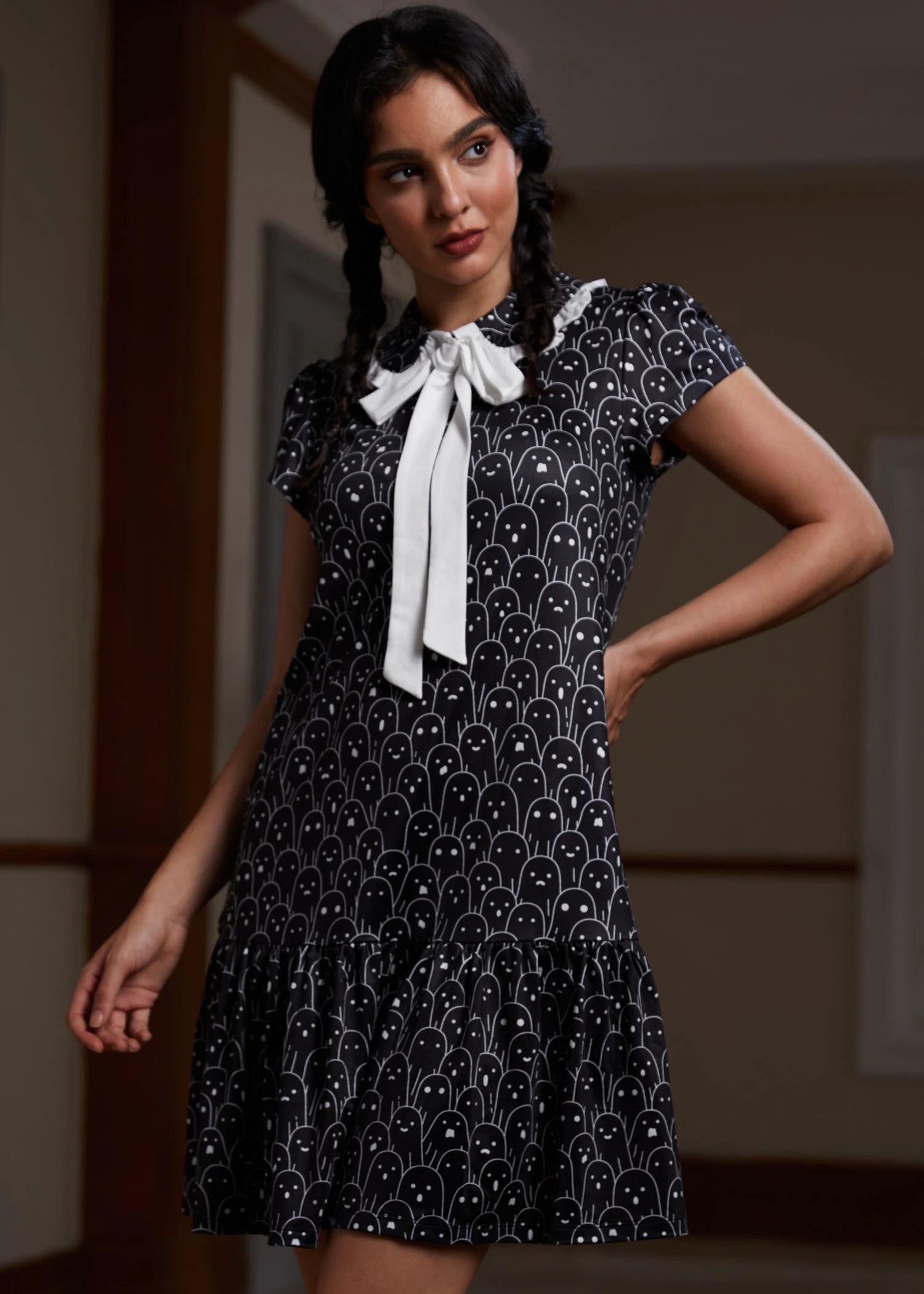 ModCloth Mornings In The Mist Ghost Print - Whimsical Ruffle Bow Mini Dress 9 ModCloth Mornings In The Mist Ghost Print - Whimsical Ruffle Bow Mini Dress - Image 7