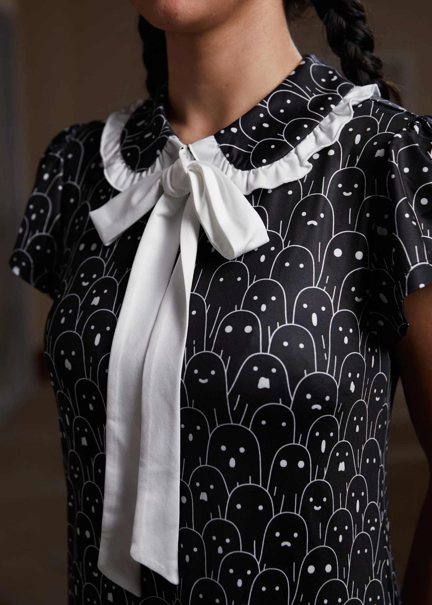 ModCloth Mornings In The Mist Ghost Print - Whimsical Ruffle Bow Mini Dress 4 ModCloth Mornings In The Mist Ghost Print - Whimsical Ruffle Bow Mini Dress - Image 2