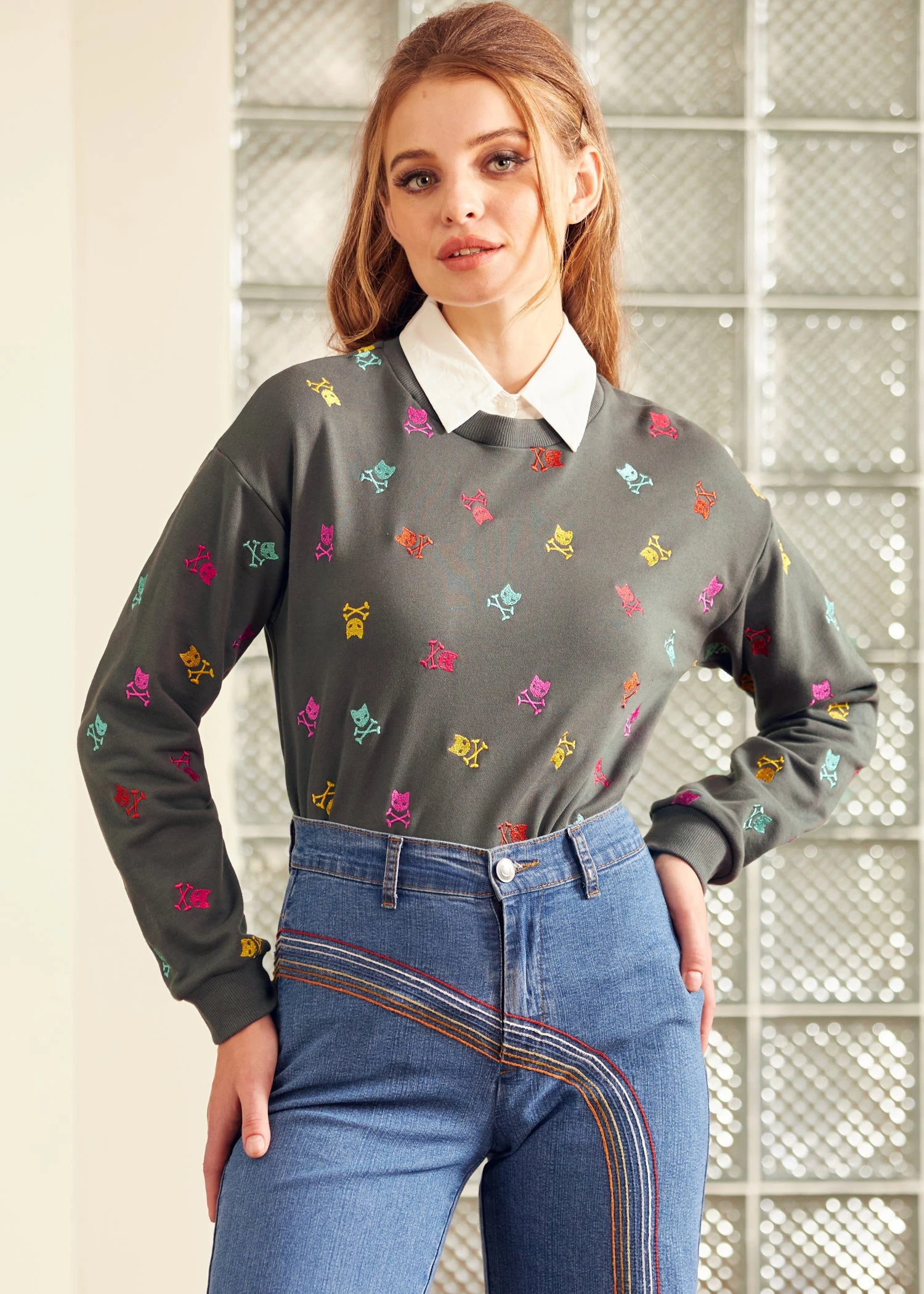 ModCloth Drive-In Diva Stormy Shadow Sweatshirt – Dark Gray Contrast Collar Retro Long Sleeve Top 5 ModCloth Drive-In Diva Stormy Shadow Sweatshirt – Dark Gray Contrast Collar Retro Long Sleeve Top - Image 3