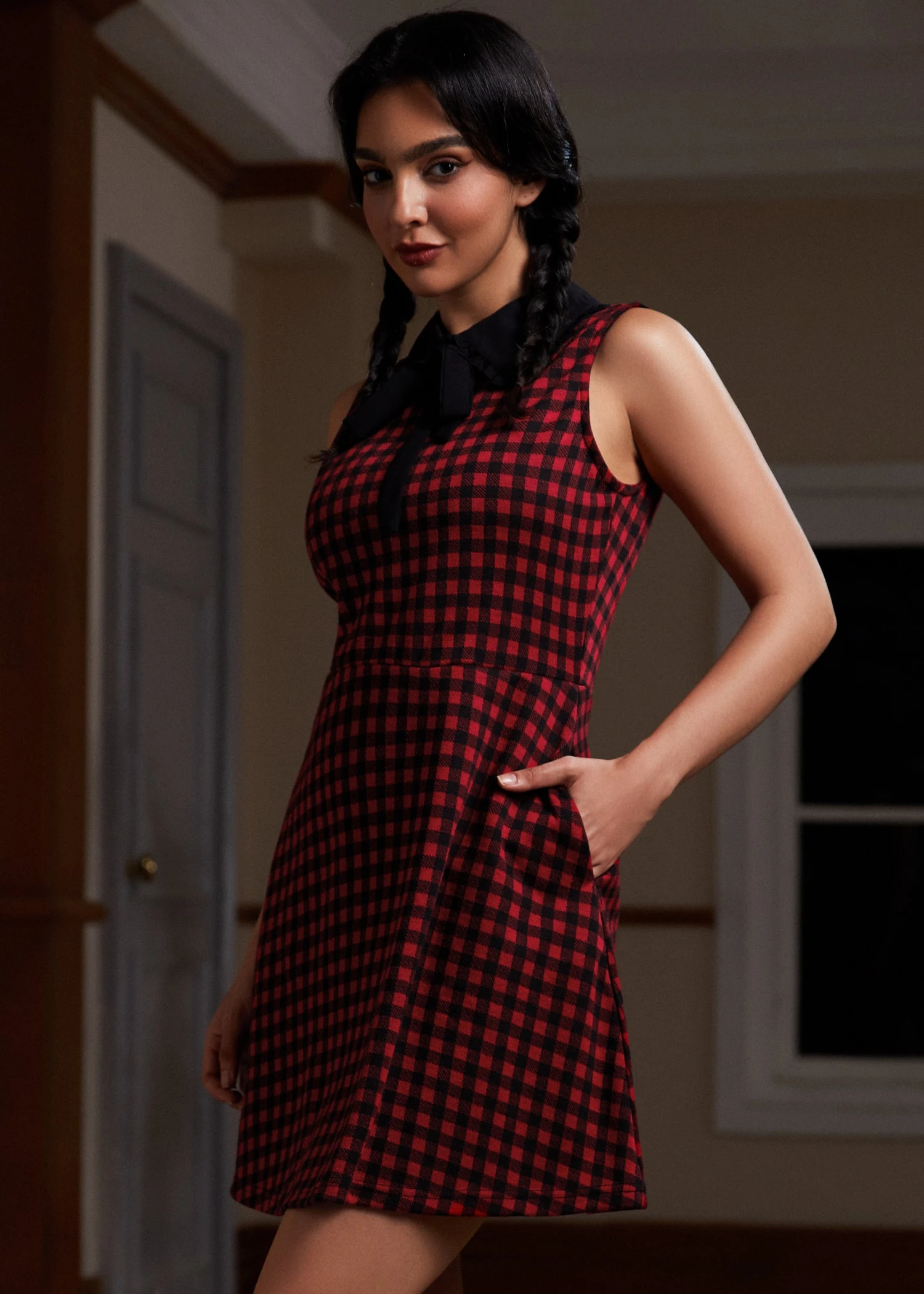 November Nostalgia Black and Red Checkered – Contrast Collar Fit and Flare Dress 5 November Nostalgia Black and Red Checkered – Contrast Collar Fit and Flare Dress - Image 3