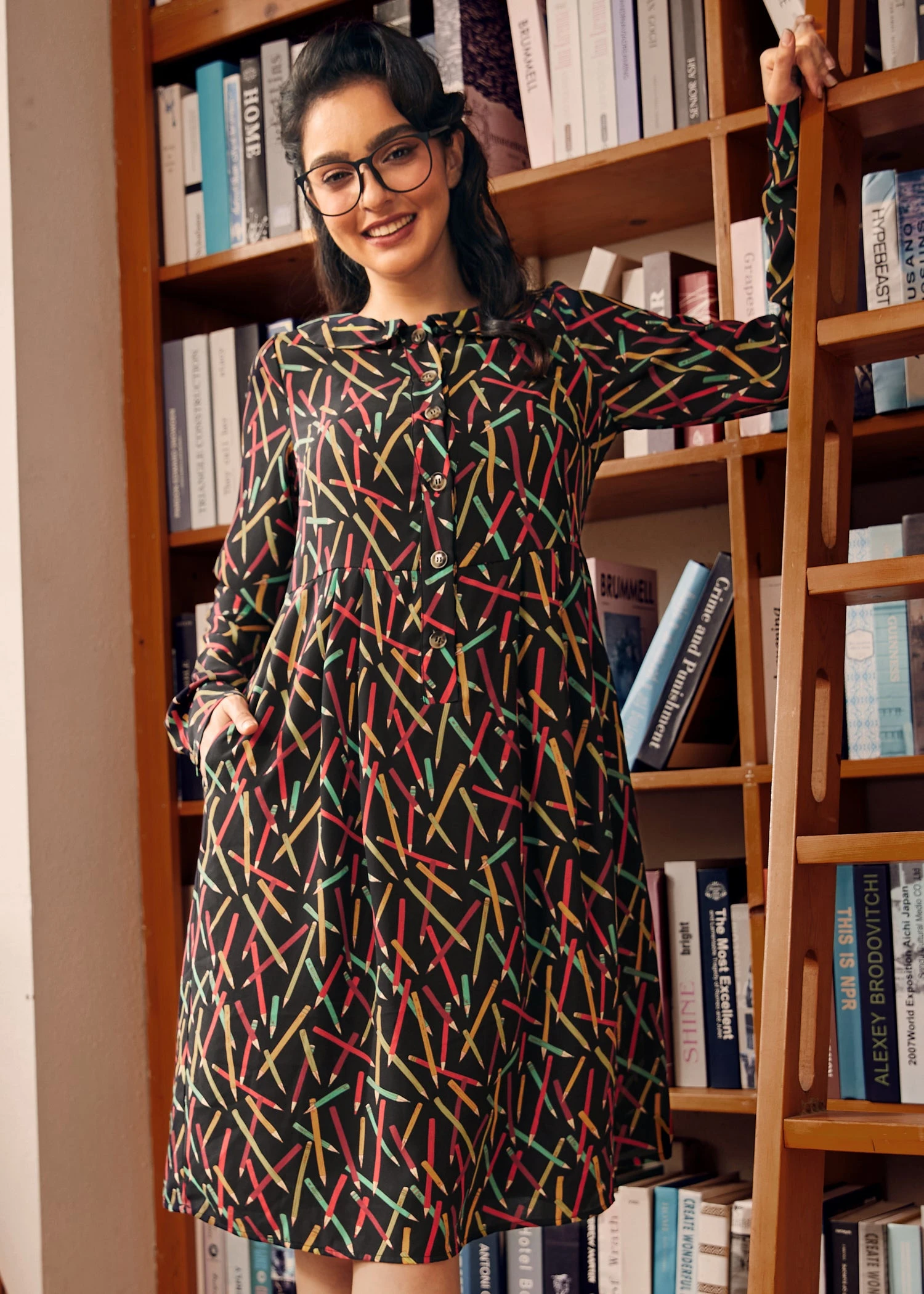 ModCloth Autumn Vintage Vibes Color Pencil Print Empire Waist Midi Dress 3 ModCloth Autumn Vintage Vibes Color Pencil Print Empire Waist Midi Dress