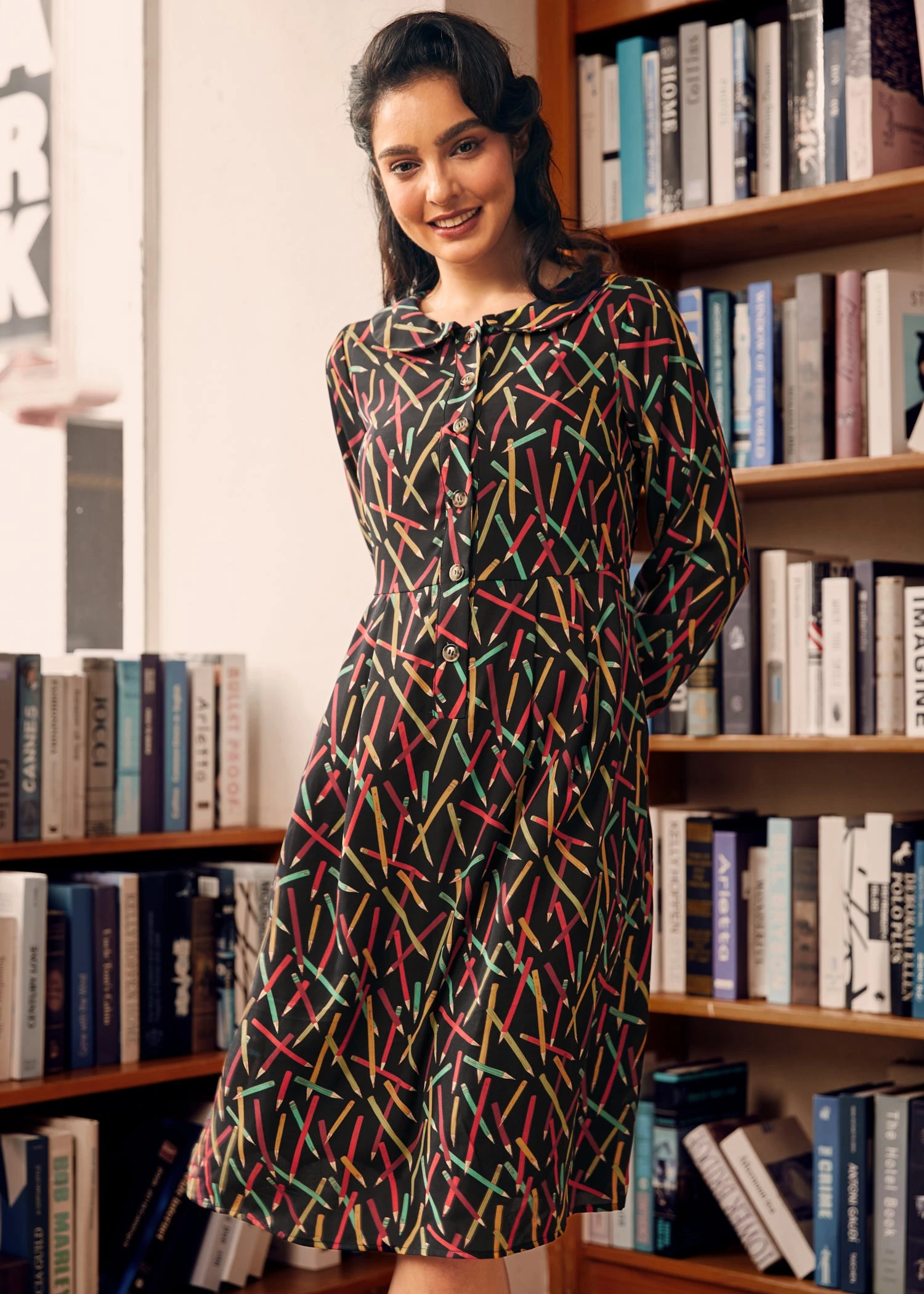 ModCloth Autumn Vintage Vibes Color Pencil Print Empire Waist Midi Dress 4 ModCloth Autumn Vintage Vibes Color Pencil Print Empire Waist Midi Dress - Image 2