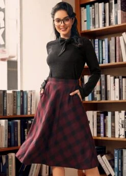 Golden Hour Gal Yellow Plaid Midi Skirt – ModCloth Cotton A-Line with Pockets -ModCloth 207581 BLK REDPLAID HP 1 2