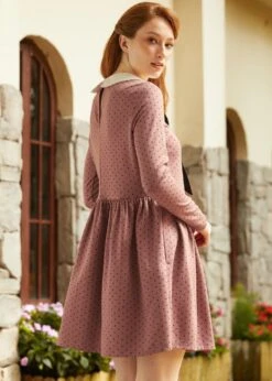 ModCloth Couture Curtsy Rose Pink Polka Dot – Long Sleeve Bow Collar Fit & Flare Mini Dress -ModCloth 207616 ROSEPOLKADOT 3
