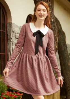 ModCloth Couture Curtsy Rose Pink Polka Dot – Long Sleeve Bow Collar Fit & Flare Mini Dress -ModCloth 207616 ROSEPOLKADOT 4