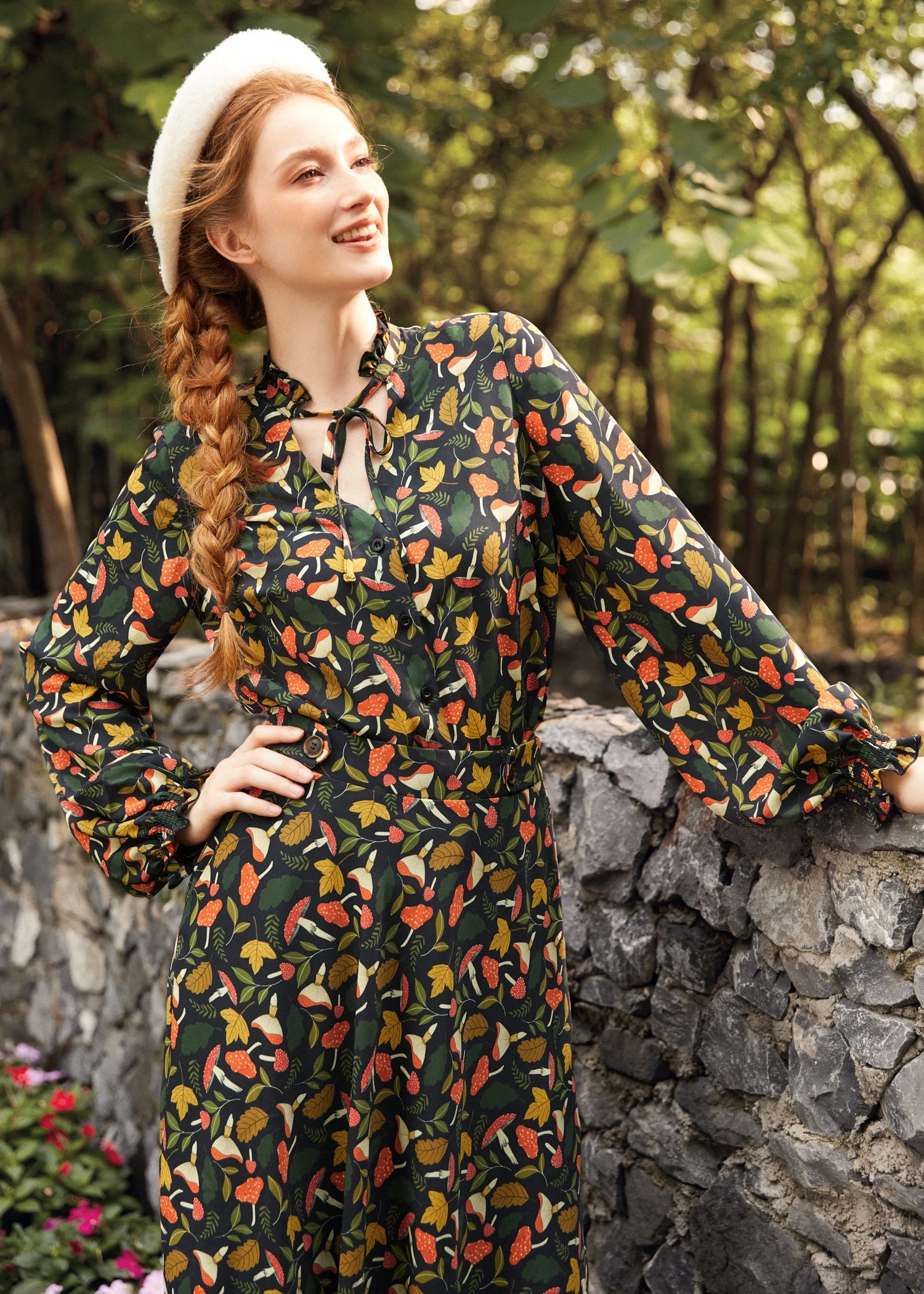 Ruffled Romance Navy Blue Floral Button Front Blouse – Vintage Ruffle Neck Crepe Top 3 Ruffled Romance Navy Blue Floral Button Front Blouse – Vintage Ruffle Neck Crepe Top