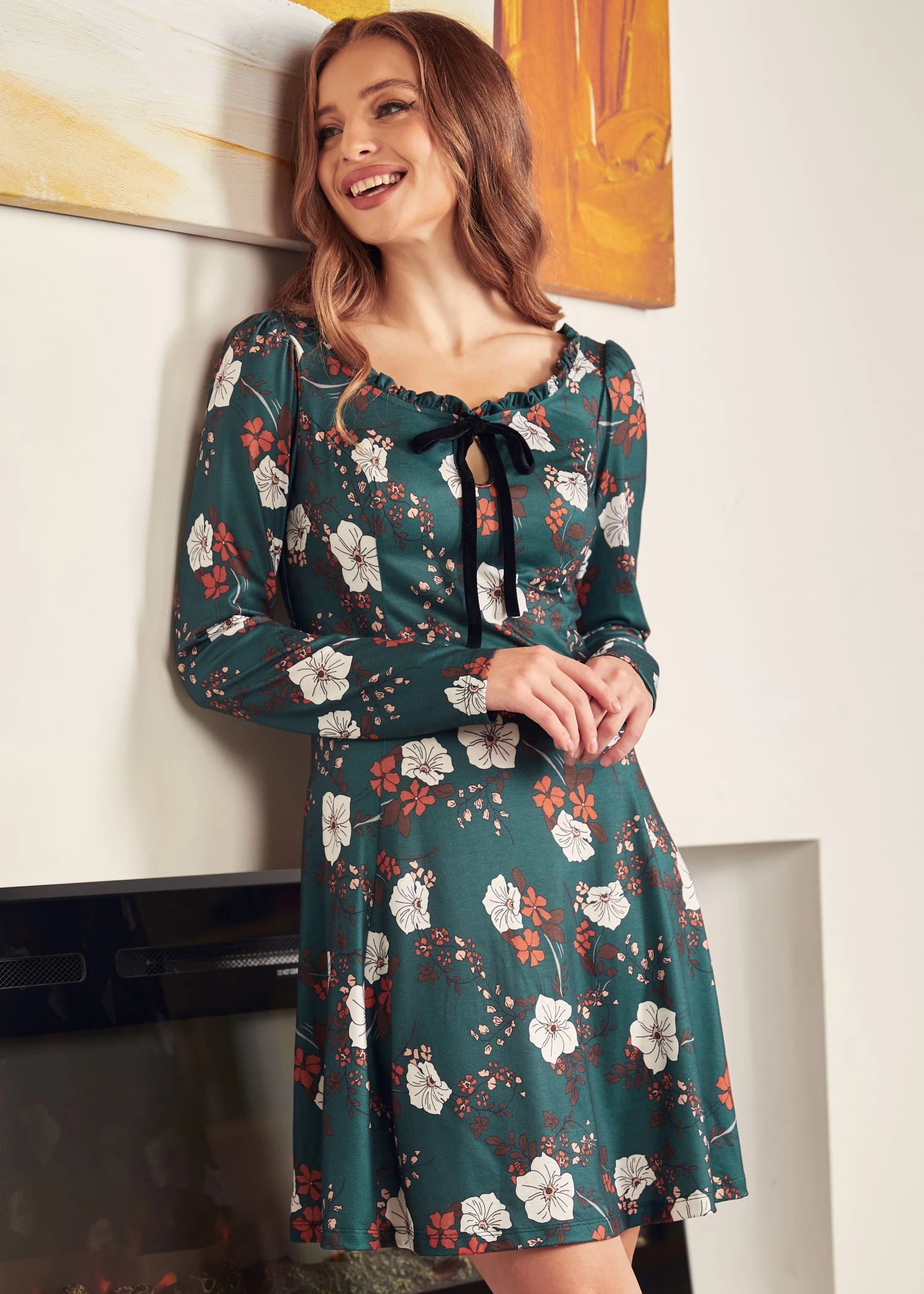 Woodstock Wanderer Winter Floral Garden Splendor Keyhole Scoop Neck Fit & Flare Dress 7 Woodstock Wanderer Winter Floral Garden Splendor Keyhole Scoop Neck Fit & Flare Dress - Image 5