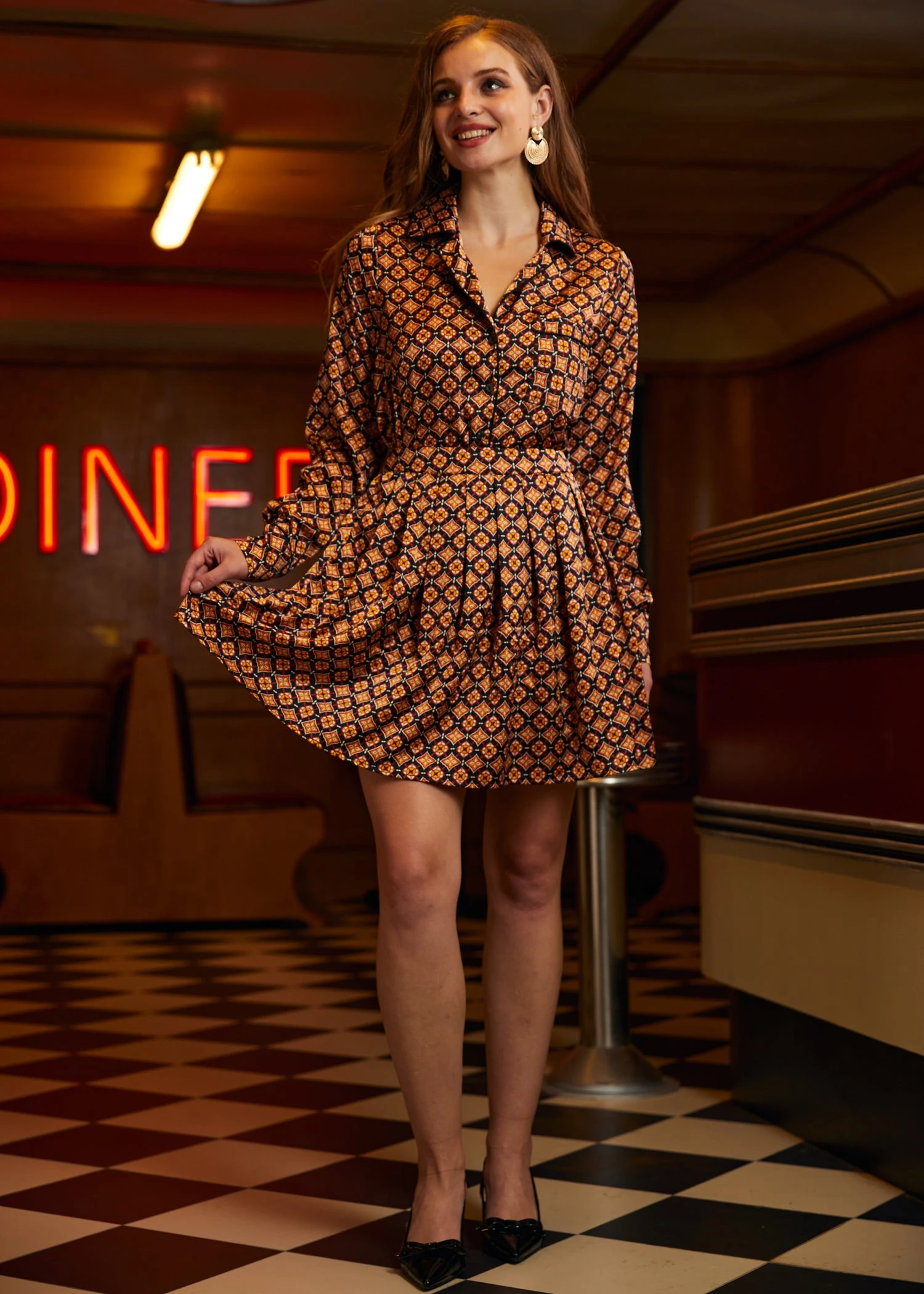 Playful Past Gold Geometric Long Sleeve Blouse – Vintage Pajama Style Pullover 4 Playful Past Gold Geometric Long Sleeve Blouse – Vintage Pajama Style Pullover - Image 2