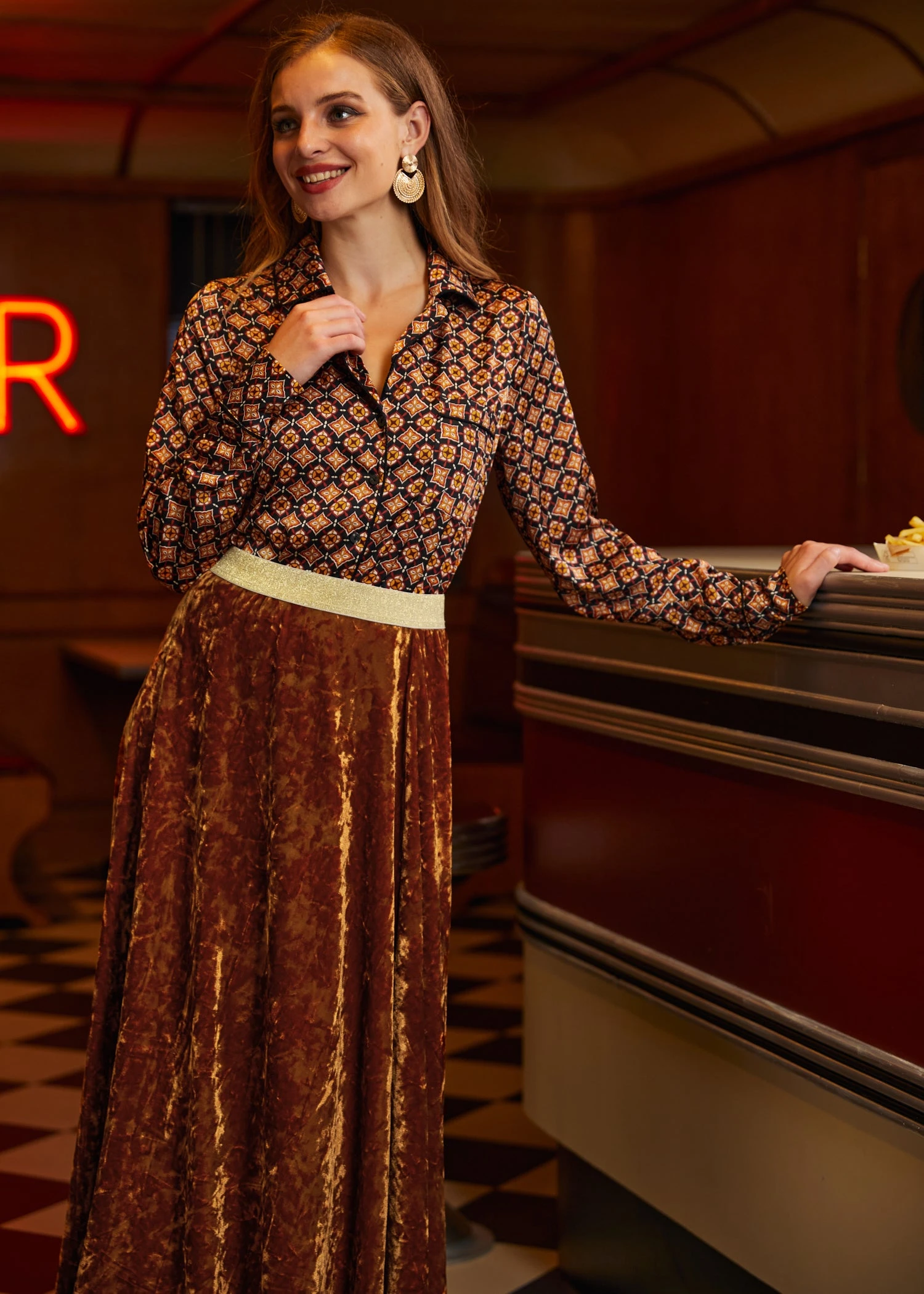 Playful Past Gold Geometric Long Sleeve Blouse – Vintage Pajama Style Pullover 3 Playful Past Gold Geometric Long Sleeve Blouse – Vintage Pajama Style Pullover