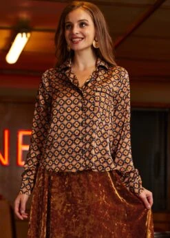 Playful Past Gold Geometric Long Sleeve Blouse – Vintage Pajama Style Pullover 17 Playful Past Gold Geometric Long Sleeve Blouse – Vintage Pajama Style Pullover -ModCloth 207743 GEOGD 2