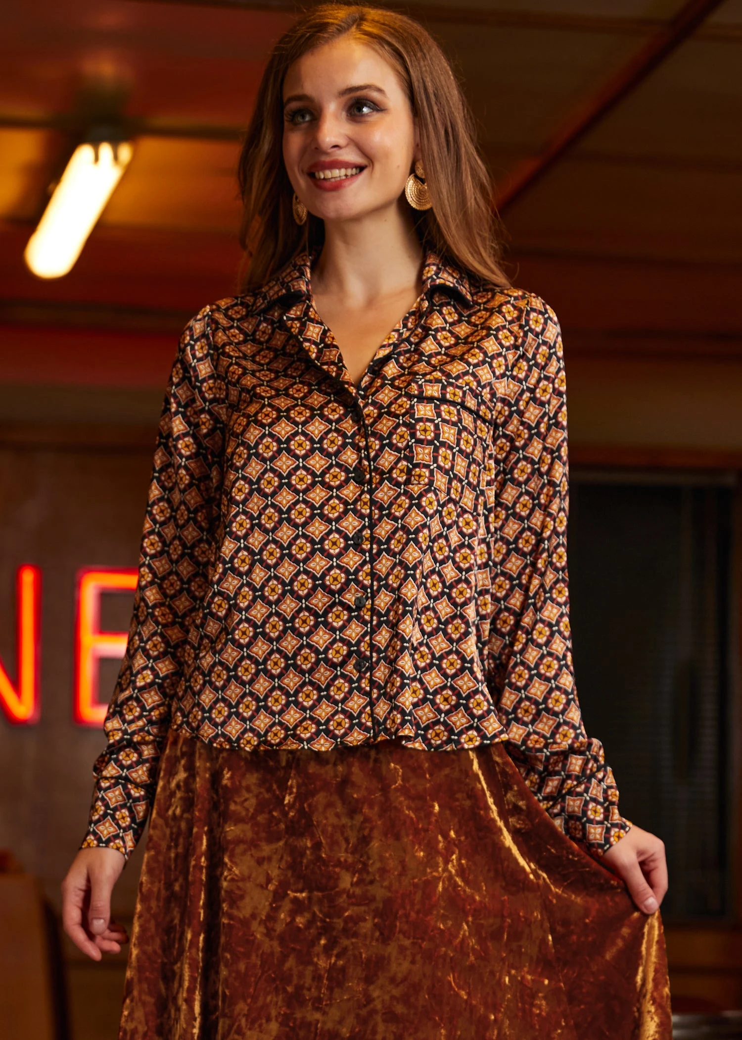 Playful Past Gold Geometric Long Sleeve Blouse – Vintage Pajama Style Pullover 7 Playful Past Gold Geometric Long Sleeve Blouse – Vintage Pajama Style Pullover - Image 5