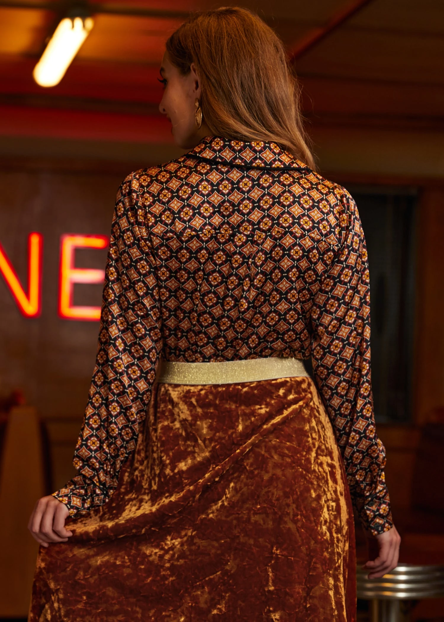 Playful Past Gold Geometric Long Sleeve Blouse – Vintage Pajama Style Pullover 6 Playful Past Gold Geometric Long Sleeve Blouse – Vintage Pajama Style Pullover - Image 4