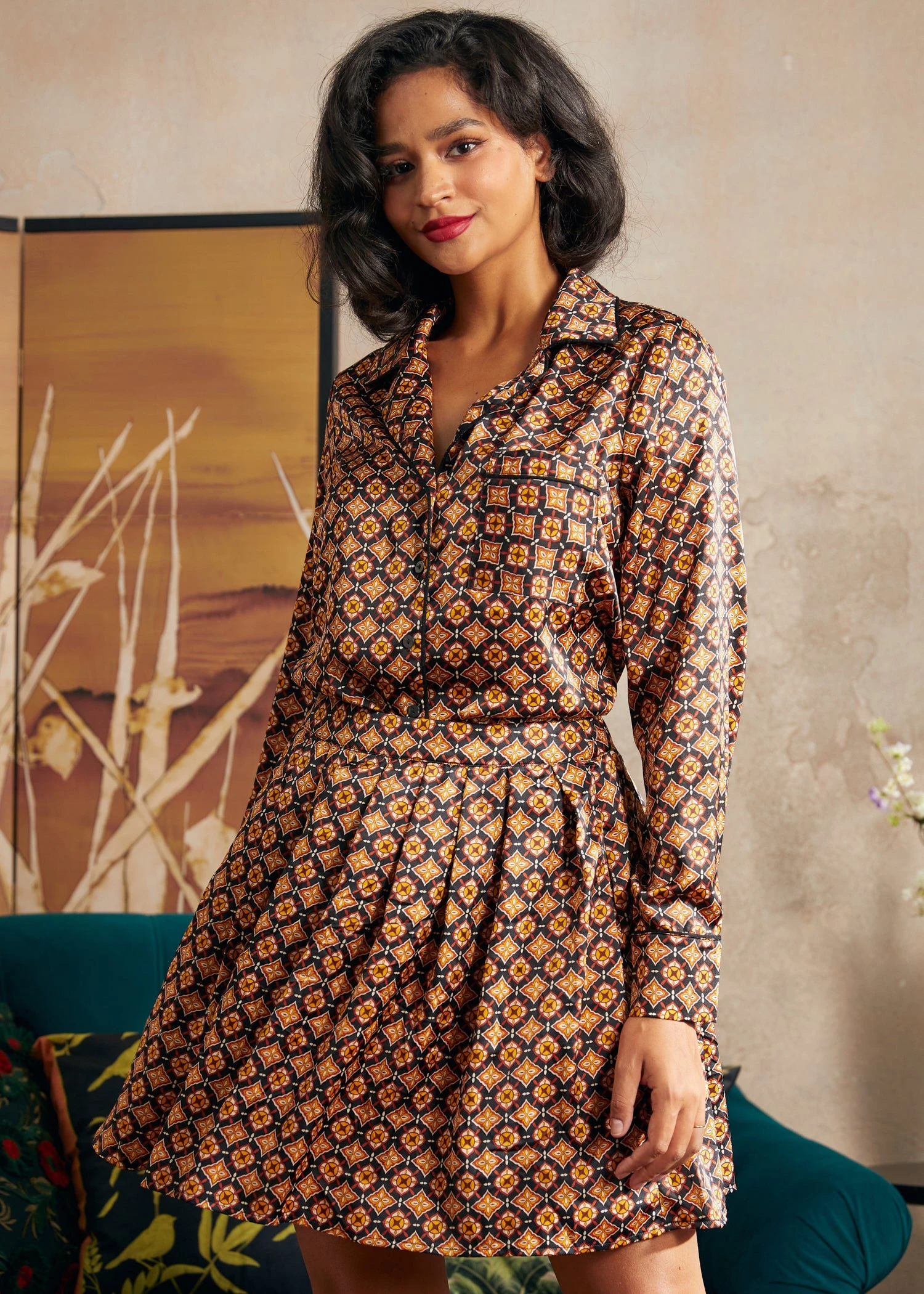 Playful Past Gold Geometric Long Sleeve Blouse – Vintage Pajama Style Pullover 8 Playful Past Gold Geometric Long Sleeve Blouse – Vintage Pajama Style Pullover - Image 6