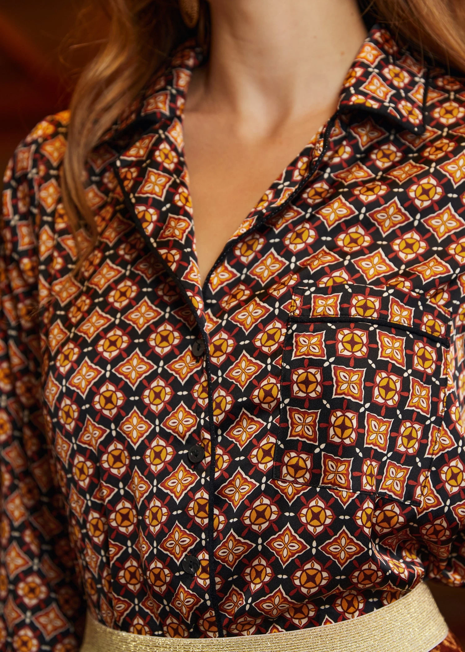 Playful Past Gold Geometric Long Sleeve Blouse – Vintage Pajama Style Pullover 5 Playful Past Gold Geometric Long Sleeve Blouse – Vintage Pajama Style Pullover - Image 3