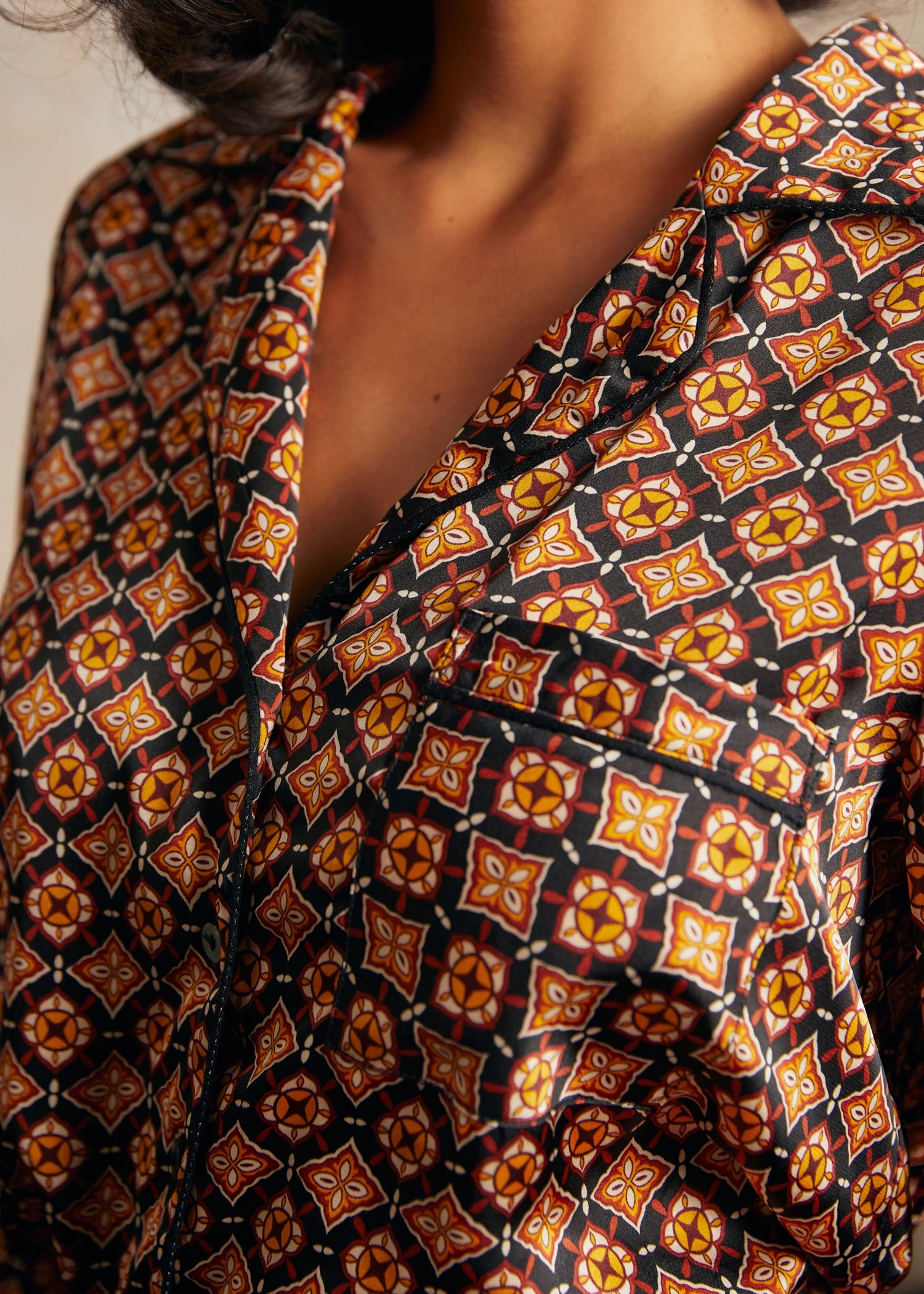 Playful Past Gold Geometric Long Sleeve Blouse – Vintage Pajama Style Pullover 13 Playful Past Gold Geometric Long Sleeve Blouse – Vintage Pajama Style Pullover - Image 11