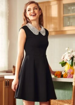 ModCloth Vinyl Vibes Black Jeweled Collar – Knit Fit & Flare Dress with Pockets 10 ModCloth Vinyl Vibes Black Jeweled Collar – Knit Fit & Flare Dress with Pockets -ModCloth 207752 BLK 2