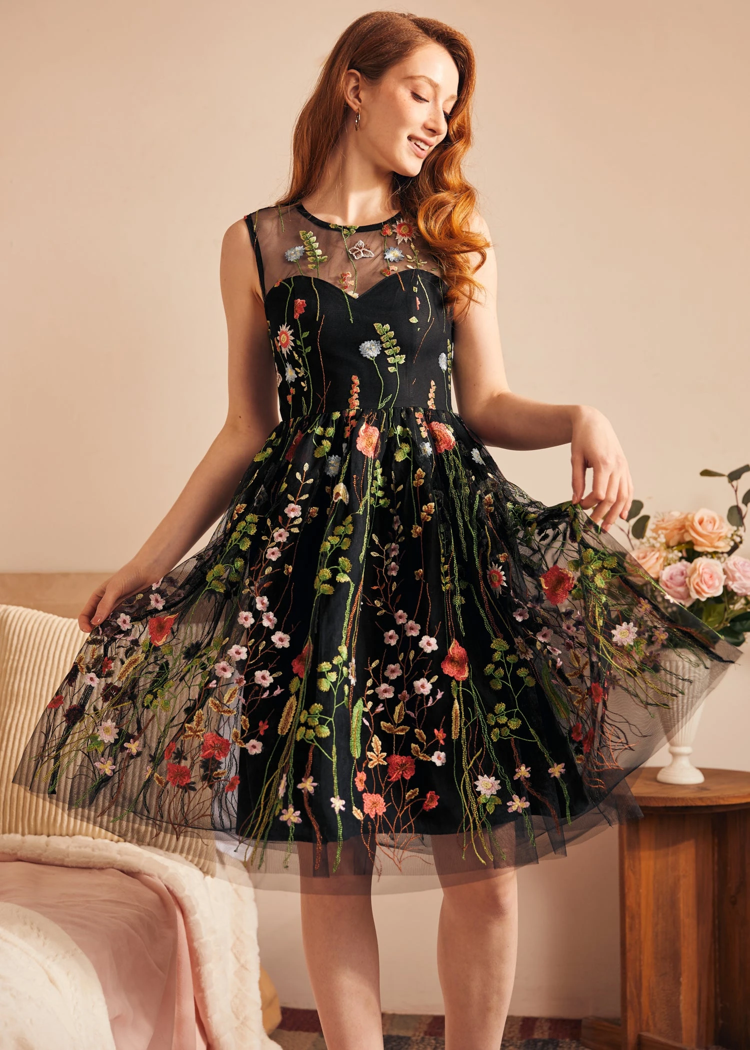 ModCloth Mystique Mirage Gothic Garden Dark Floral – Vintage Fit & Flare Knit Dress 4 ModCloth Mystique Mirage Gothic Garden Dark Floral – Vintage Fit & Flare Knit Dress - Image 2