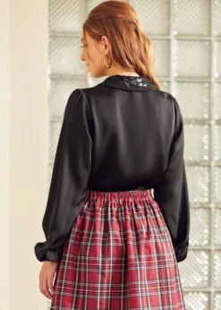 ModCloth Sweet Nothings Back to Black – Sequin Collar Puff Shoulder Button Down Blouse -ModCloth 207780 BLK 3