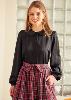 ModCloth Sweet Nothings Back to Black – Sequin Collar Puff Shoulder Button Down Blouse -ModCloth 207780 BLK 4