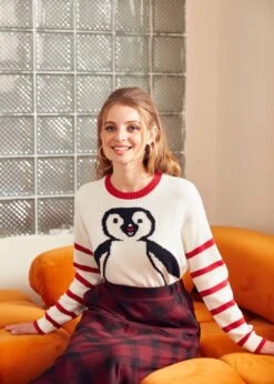 ModCloth Timeless Striped Tapestry Penguin Crewneck Sweater – Buttercream Bliss Relaxed Fit -ModCloth 207848 CREAM 5