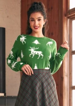 ModCloth Enchanted Eve Jade Dream Green Reindeer & Forest Boatneck Sweater 10 ModCloth Enchanted Eve Jade Dream Green Reindeer & Forest Boatneck Sweater -ModCloth 207849 Green 2