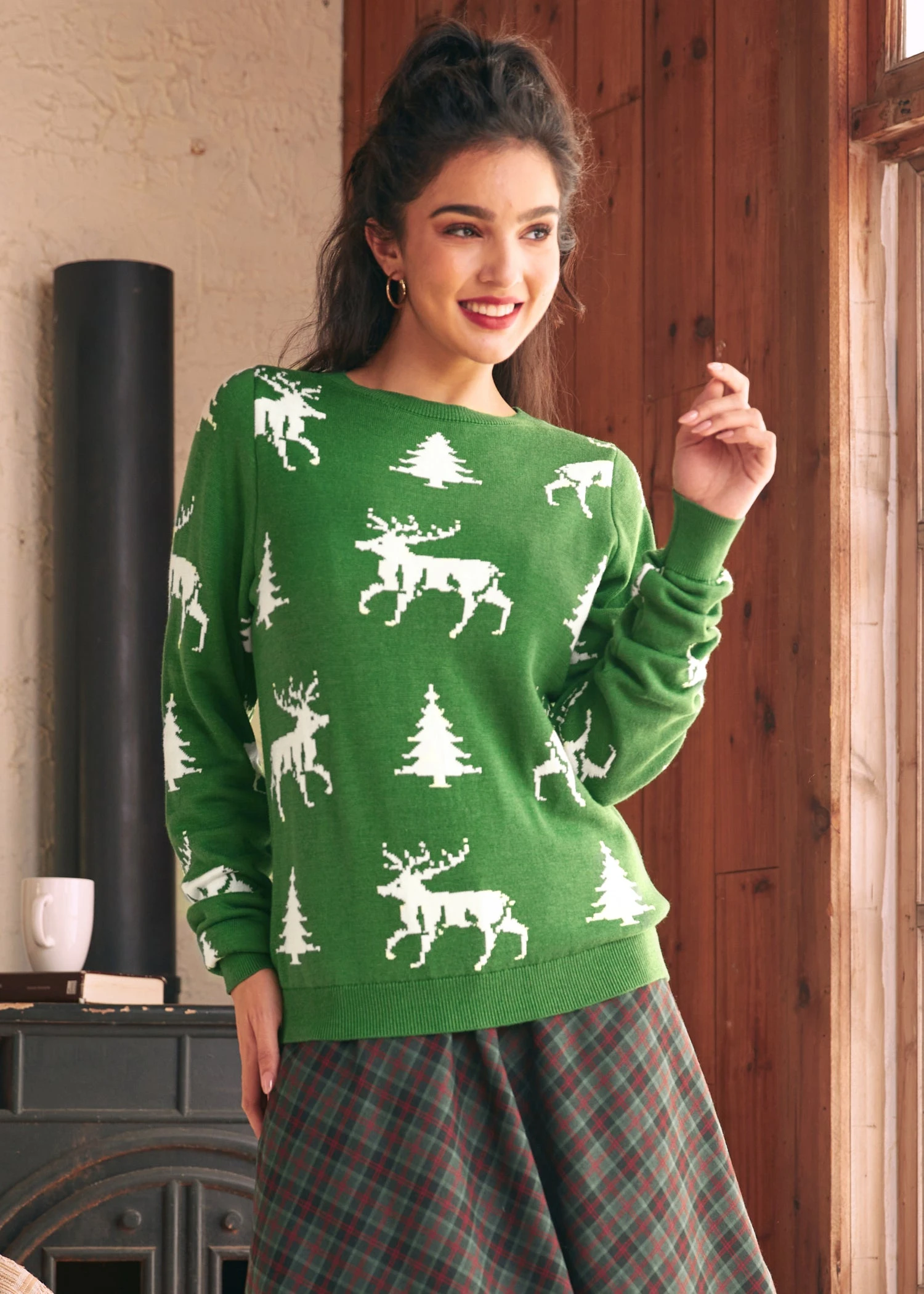 ModCloth Enchanted Eve Jade Dream Green Reindeer & Forest Boatneck Sweater 3 ModCloth Enchanted Eve Jade Dream Green Reindeer & Forest Boatneck Sweater