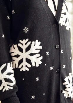 Whispers of Winter Black & White Snowflake Cardigan – V-Neck Button-Up Knit with Pockets -ModCloth 207854 BLK 7