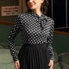 Rydell High Revisited Long Sleeve Tie-Neck Top -ModCloth 207948 BLACKWHITEDOT 2