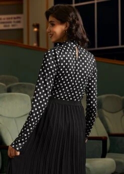 Rydell High Revisited Long Sleeve Tie-Neck Top -ModCloth 207948 BLACKWHITEDOT 3