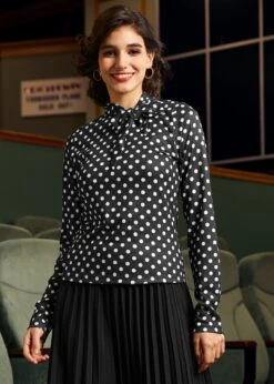 Rydell High Revisited Long Sleeve Tie-Neck Top -ModCloth 207948 BLACKWHITEDOT 4