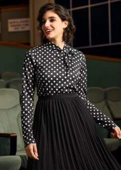 Rydell High Revisited Long Sleeve Tie-Neck Top -ModCloth 207948 BLACKWHITEDOT 5