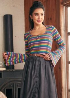 Lost In Love Rainbow Stripe Bell Sleeve Top - Vintage Knit Button-Up Cardigan -ModCloth 207949 RainbowandNAVStripe 5