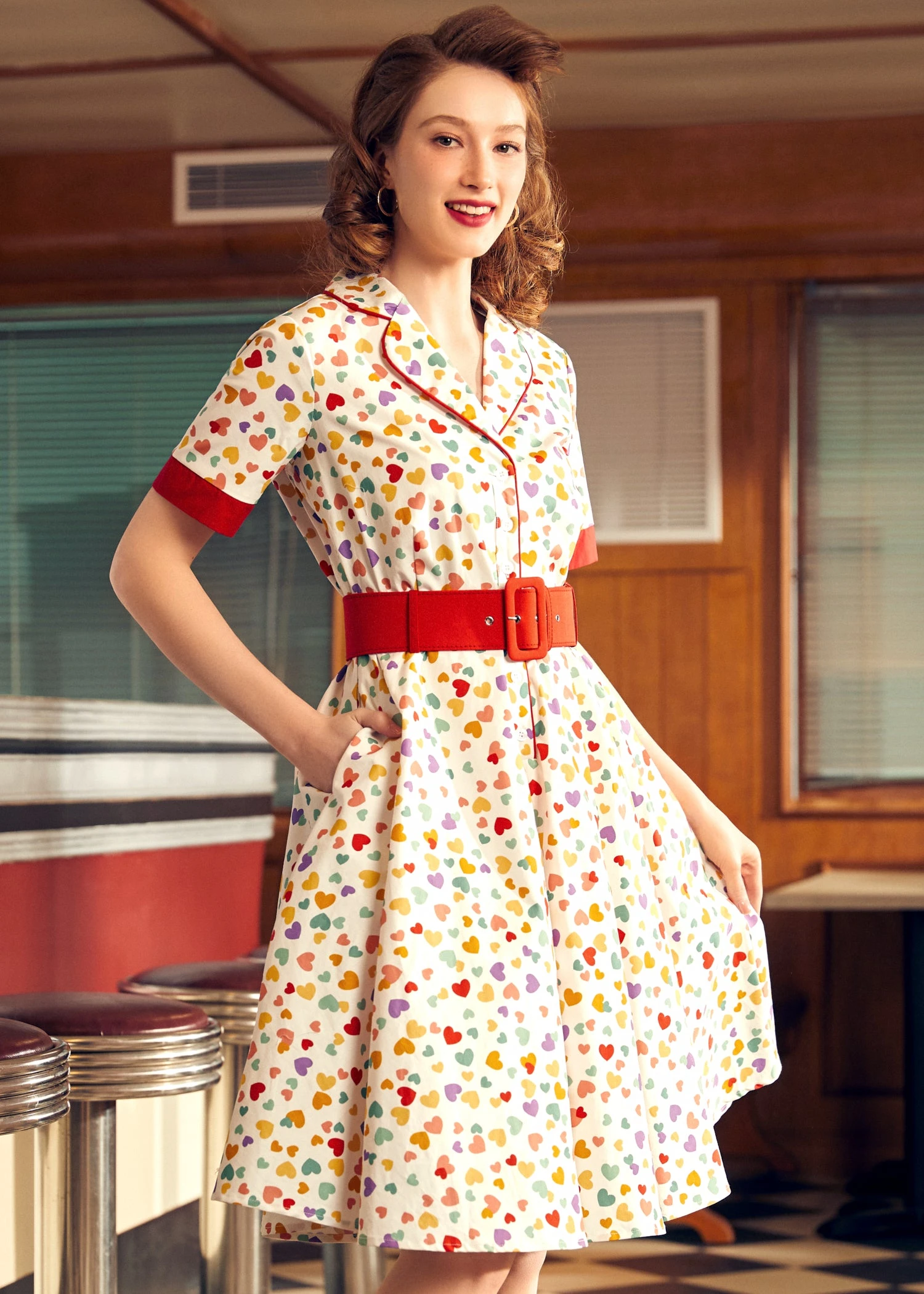 Elegant Epoch Navy Heart Print Belted Shirtdress – Fit & Flare Button-Down Dress 4 Elegant Epoch Navy Heart Print Belted Shirtdress – Fit & Flare Button-Down Dress - Image 2