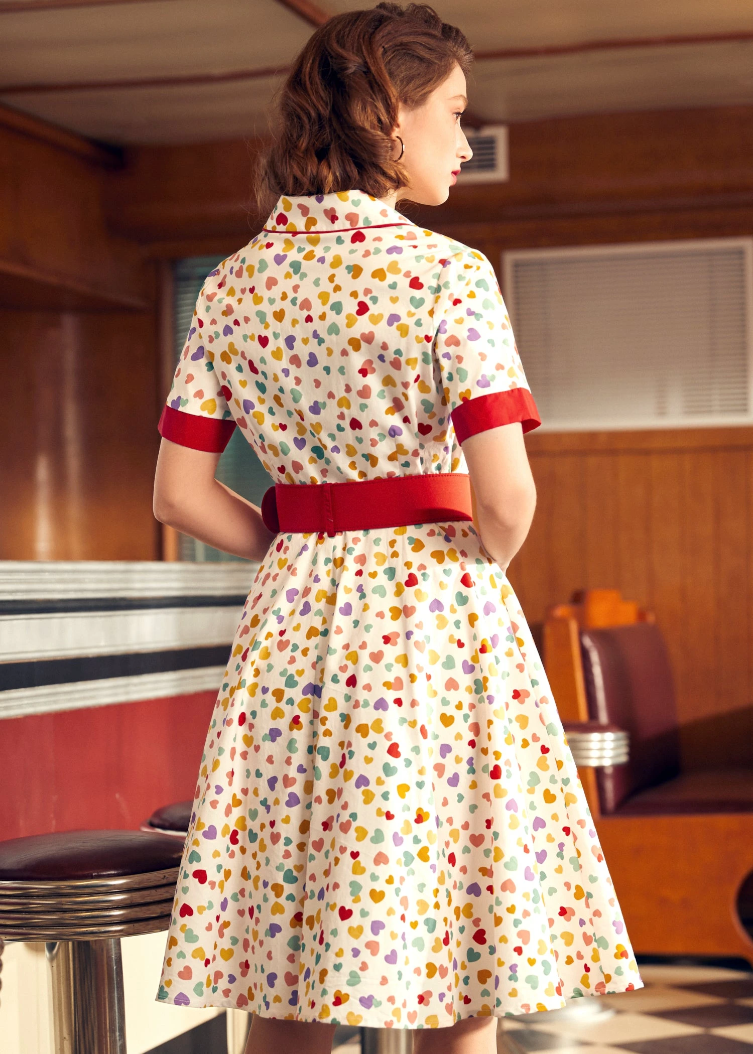 Elegant Epoch Navy Heart Print Belted Shirtdress – Fit & Flare Button-Down Dress 5 Elegant Epoch Navy Heart Print Belted Shirtdress – Fit & Flare Button-Down Dress - Image 3