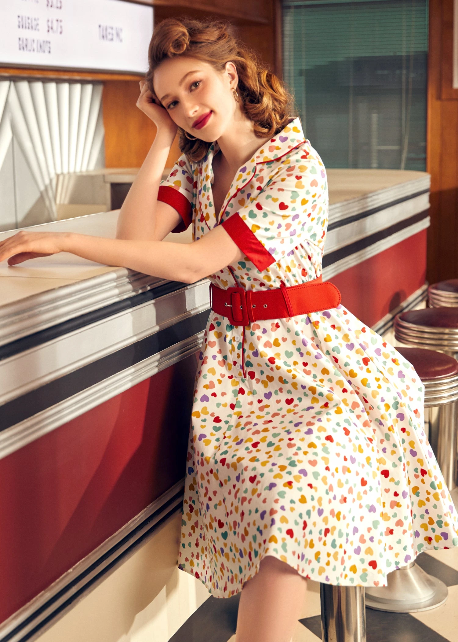 Elegant Epoch Navy Heart Print Belted Shirtdress – Fit & Flare Button-Down Dress 6 Elegant Epoch Navy Heart Print Belted Shirtdress – Fit & Flare Button-Down Dress - Image 4