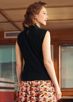 Retro Rendezvous Navy Blue Tie-Neck Knit Top – Midnight Muse Keyhole Sleeveless Blouse -ModCloth 207996 BLK 3