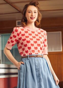 Retro Radiance Puff Shoulder Sweater -ModCloth 208007 PINKGROUNDWITHREDCAT 2